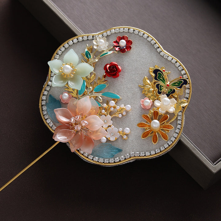 Mini Size Gray Blue Vintage Floral Hand Held Hexapetala Fans