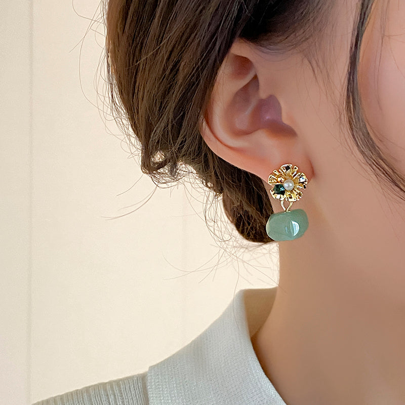 Green Jade Alloy Flower Dangle Drop Earrings