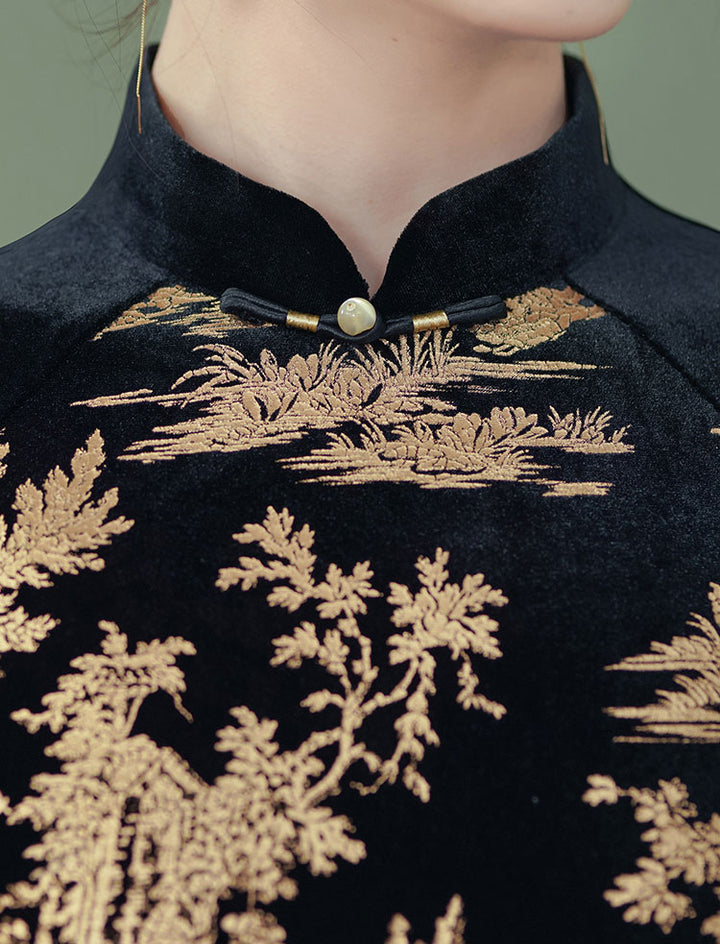 Floral Print Velvet Mothers 3/4 Sleeve Qipao Cheongsam Dress