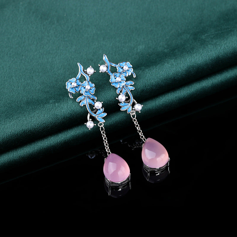 Pink Jade Alloy Flower Dangle Drop Earrings