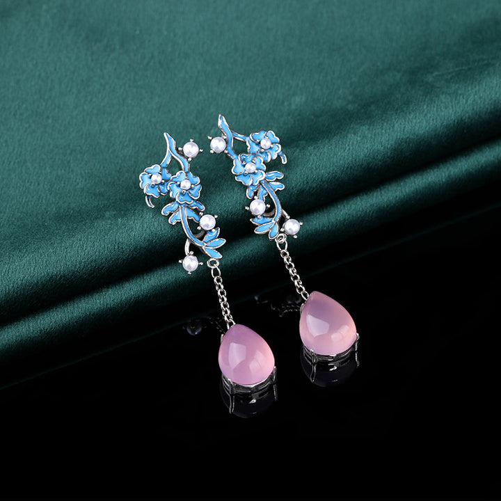 Pink Jade Alloy Flower Dangle Drop Earrings