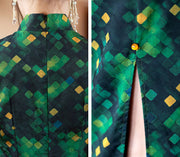 Green Grid Maxi Cheongsam Qipao Dress