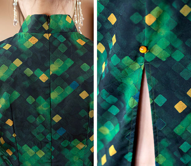 Green Grid Maxi Cheongsam Qipao Dress