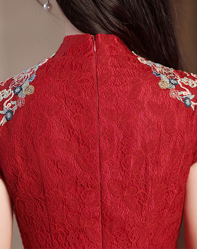Red Lace Embroidered Fishtail Bride Wedding Cheongsam Gown