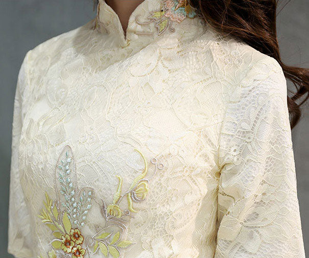 Bridesmaid Embroidered Belt Tulle Qipao / Cheongsam Evening Dress