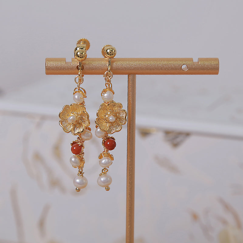 Pearls Agate Alloy Flower Dangle Clip-on Hook Earrings