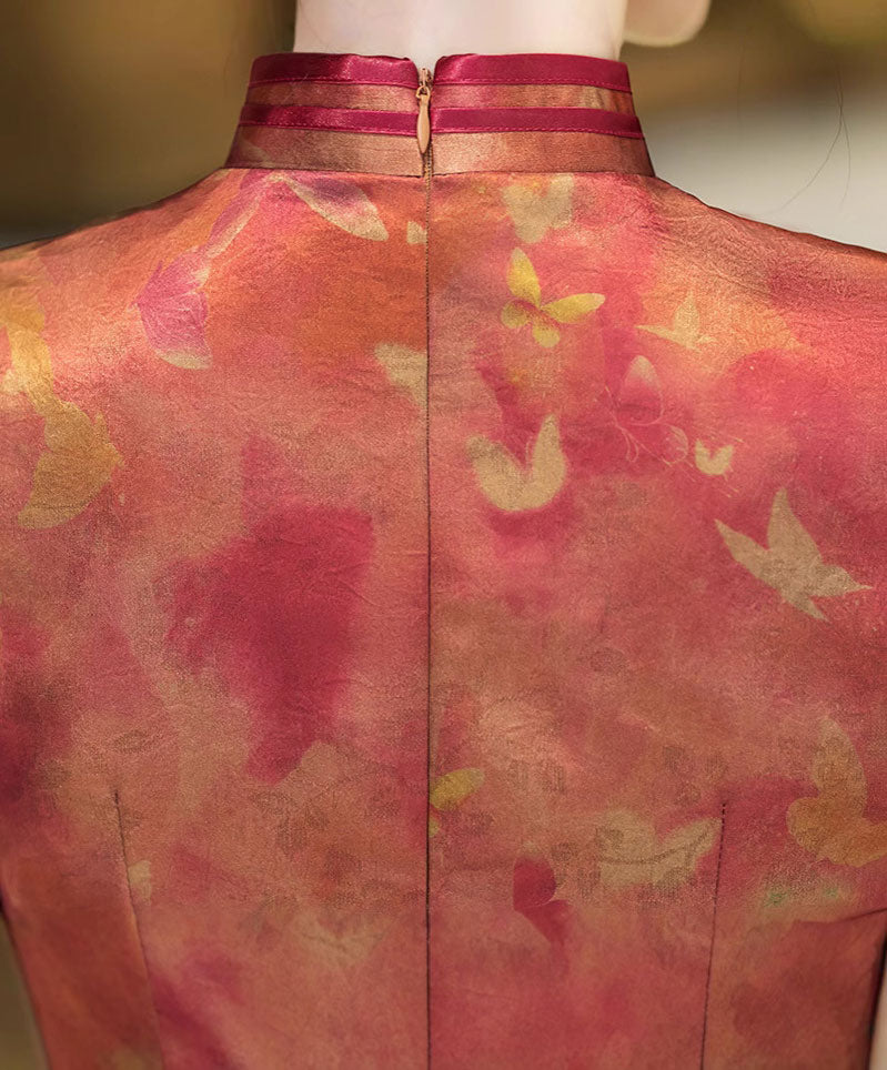 Red Floral Print Silk Maxi Qipao Cheongsam Dress