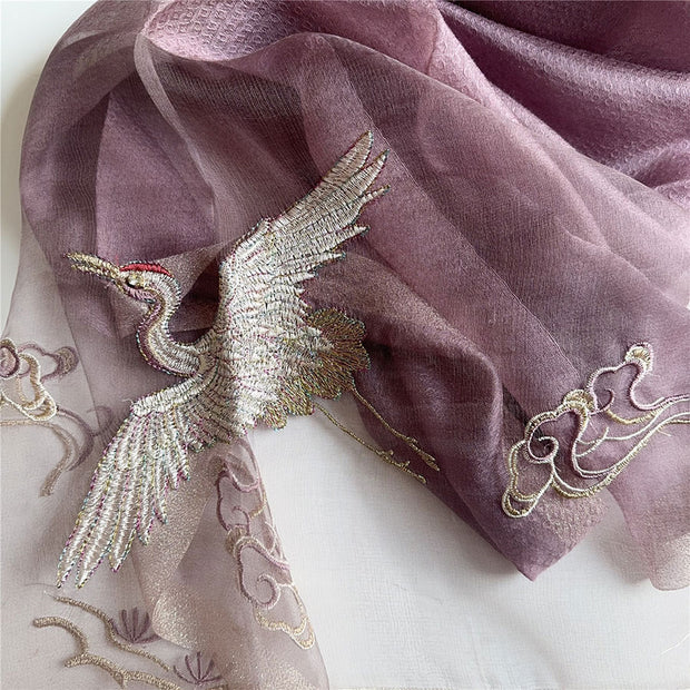 Embroidered Crane Bird Mulberry Silk Women Scarf Shawl