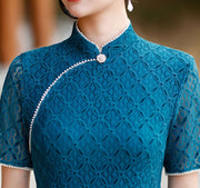 2023 Lake Blue Plaid Lace Qipao Cheongsam Dress