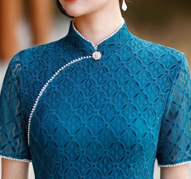 2023 Lake Blue Plaid Lace Qipao Cheongsam Dress
