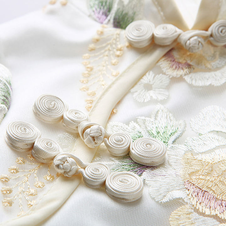 Champagne Pink Embroidered Flower Girls Tulle Cheongsam Dress