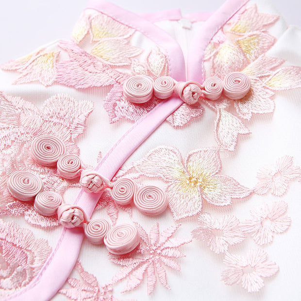 Champagne Pink Embroidered Flower Girl Tulle Cheongsam Dress