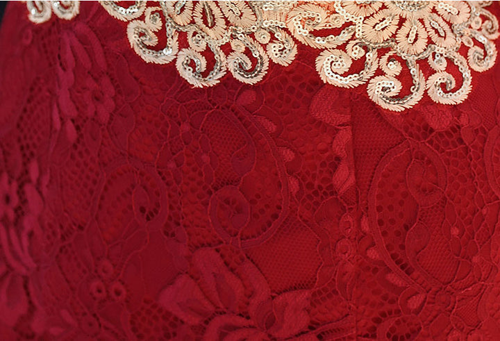 Red Lace Appliques Fishtail Bride Wedding Cheongsam Gown