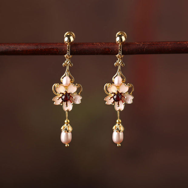 Pink Flower Non Pierced Clip-on Hook Drop Dangle Earrings