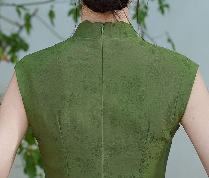 Green Jacquard Floral Maxi Qipao Cheongsam Dress