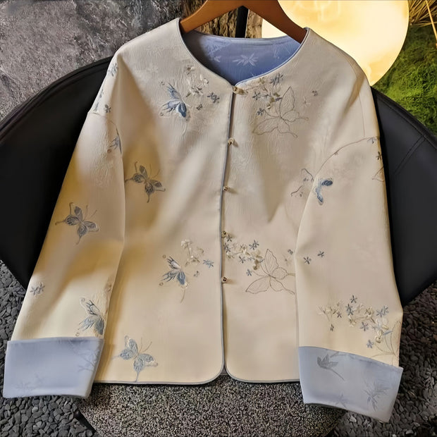 Blue Pink Embroidered Cheongsam Jacket Blouse