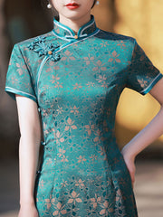 Green Jacquard Floral Maxi Cheongsam Qipao Dress