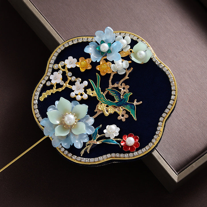 Mini Size Gray Blue Vintage Floral Hand Held Hexapetala Fans