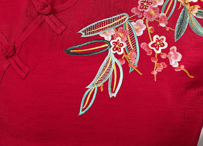 Red White Embroidered Linen Cheongsam Blouse Top