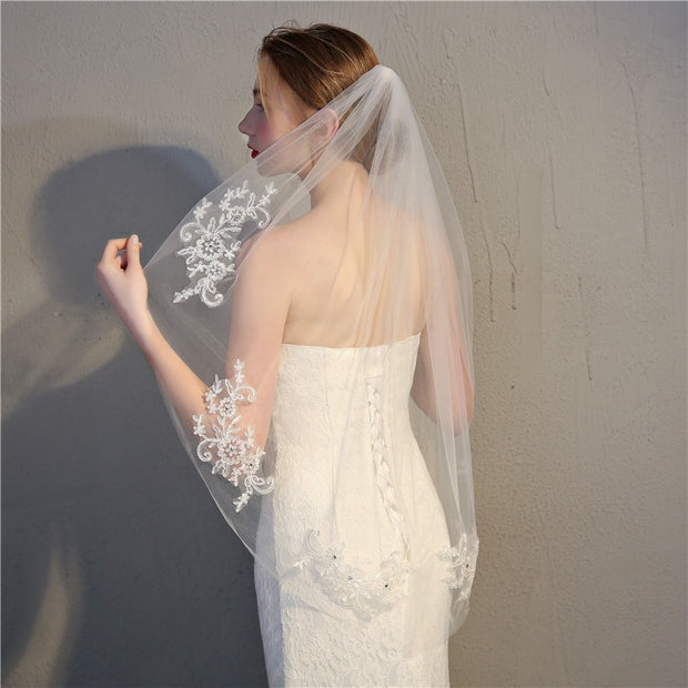 One Tier Tulle Wedding Bridal Lace Edge Veil With Comb