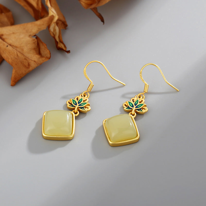 Gold Plated Lotus Jade Drop Dangle Earrings