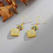 Gold Plated Lotus Jade Drop Dangle Earrings