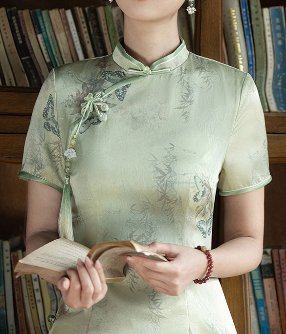 Green Floral Pint Midi Cheongsam Qi Pao Dress