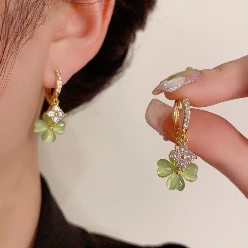 Rhinestone Green Lucky Clover Dangle Drop Earrings