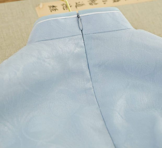 2023 Blue Jacquard Midi Cheongsam Qipao Dress