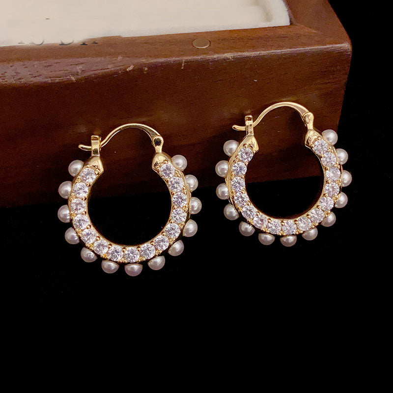 Gold Plated Rhinestone Pearls Hoop Earrings
