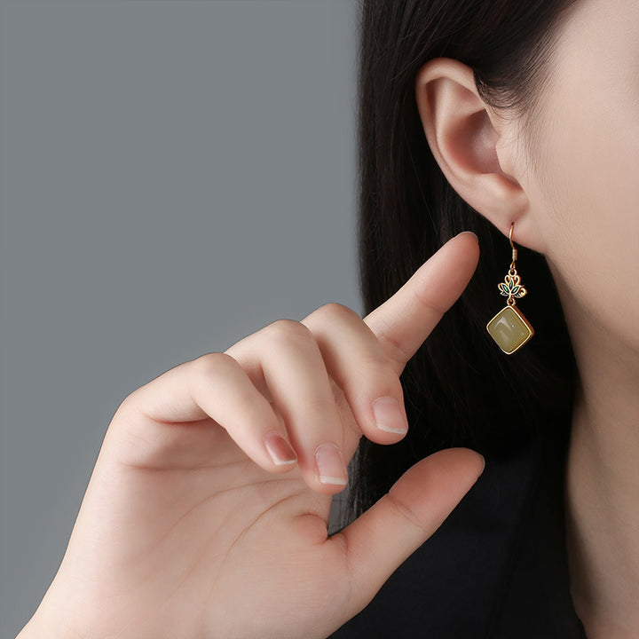 Gold Plated Lotus Jade Drop Dangle Earrings