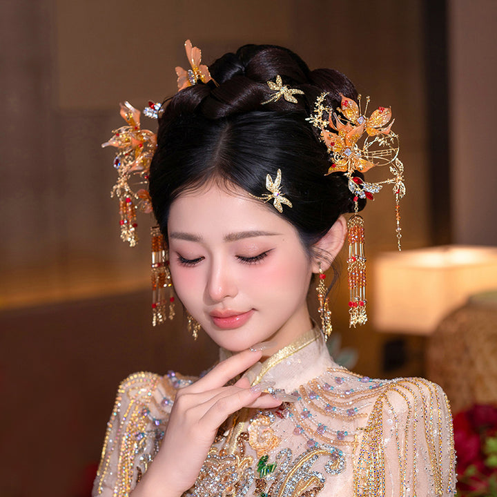 5 Pcs Bridal Orange Flower Butterfly Hairpins Clips & Earrings