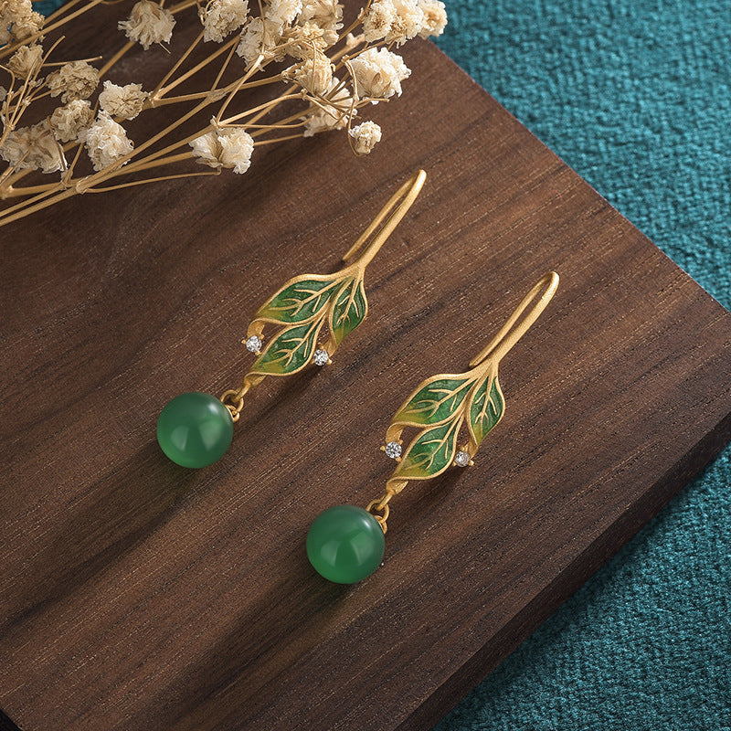 Green Leaf Jade Drop Dangle Earrings
