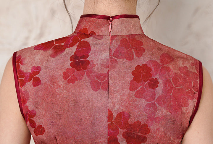 2025 Summer Red Floral Print Cheongsam Qipao Dress