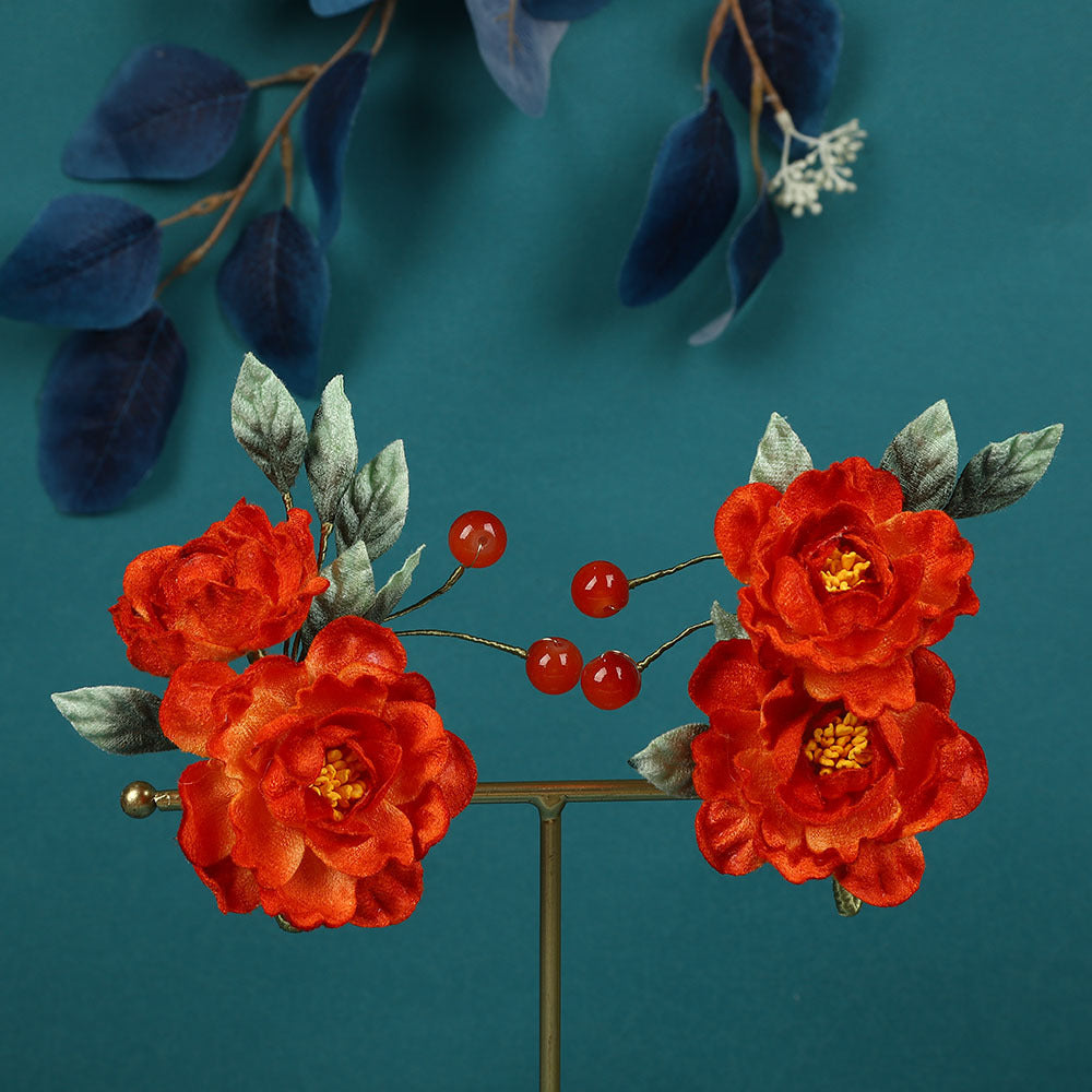 2 Pcs Orange Fabrics Flower Vine Hair Pins Clips