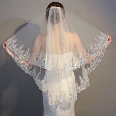 Two Tiers Wedding Bridal Sequined Lace Edge Veil With Comb