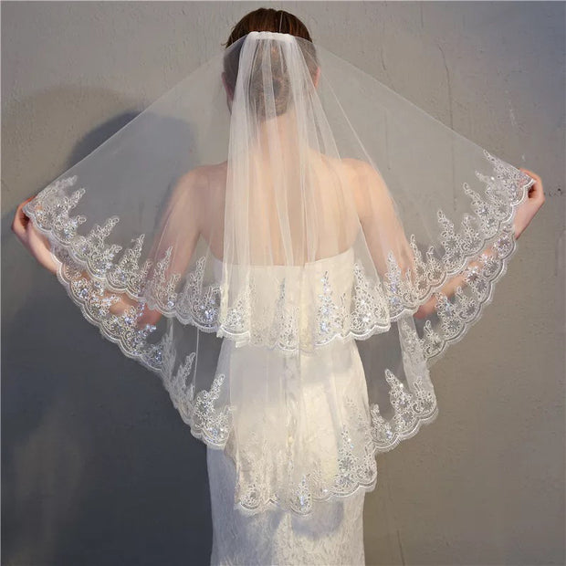 Two Tiers Wedding Bridal Sequined Lace Edge Veil With Comb