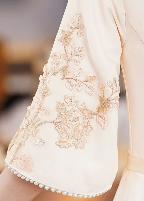 Champagne Appliques Bell Sleeve Tulle Cheongsam Qipao Dress