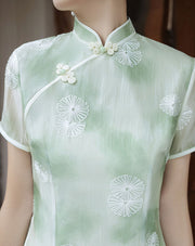 Green Pink Jacquard Qipao Cheongsam Blouse Top