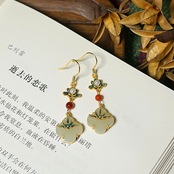 Gold Plated Flower Jade Drop Dangle Earrings
