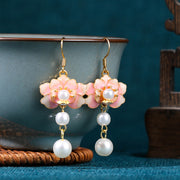 Pink Blue Vintage Pearls Lotus Drop Dangle Earrings