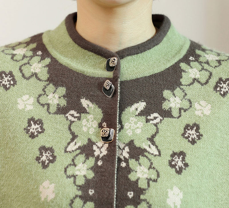 Green Floral Women Knit Buttons Cardigan Jacket