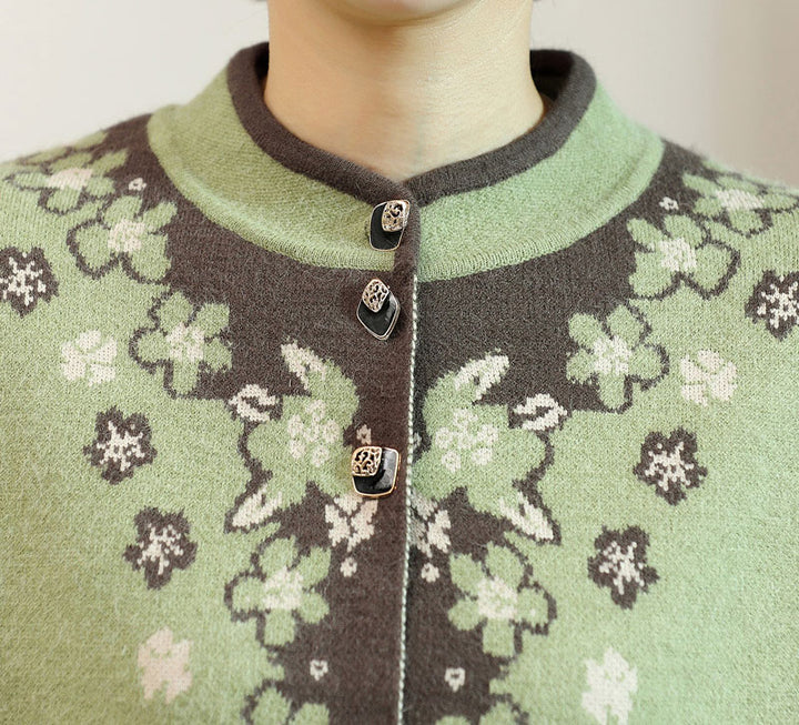 Green Floral Women Knit Buttons Cardigan Jacket