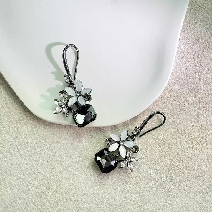 Black Rhinestone Flower Jade Dangle Drop Earrings