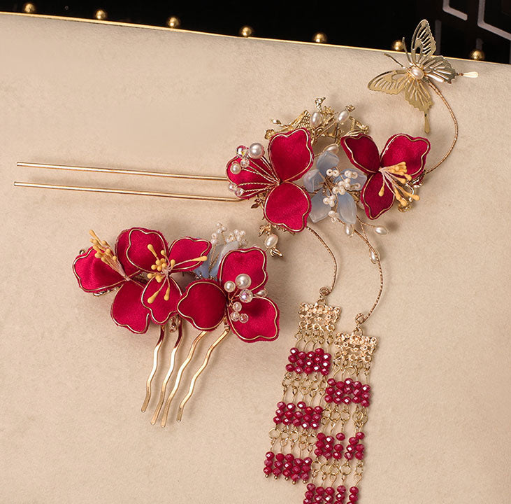 4 Pcs Bridal Flower Butterfly Hair Pins Clips & Earrings