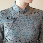 Blue Jacquard Half Sleeve A-Line Cheongsam Qipao Dress