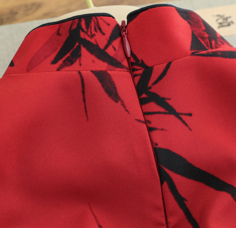 Red Bamboo Print Midi Cheongsam Qipao Dress