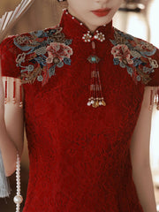 Red Lace Embroidered Floral Wedding Qipao Cheongsam Dress