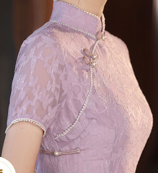 Blue Purple Floral Beads Cheongsam Qipao Dress