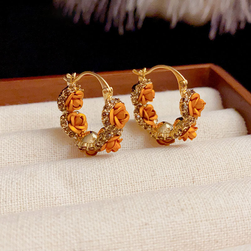 Rhinestone Enamel Flower Zirconia Hoop Earrings